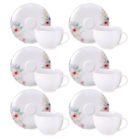 Jogo 6 Xícaras com Pires Chá Café 250ml Tramontina Floratta Porcelana Floral Servir Mesa Posta