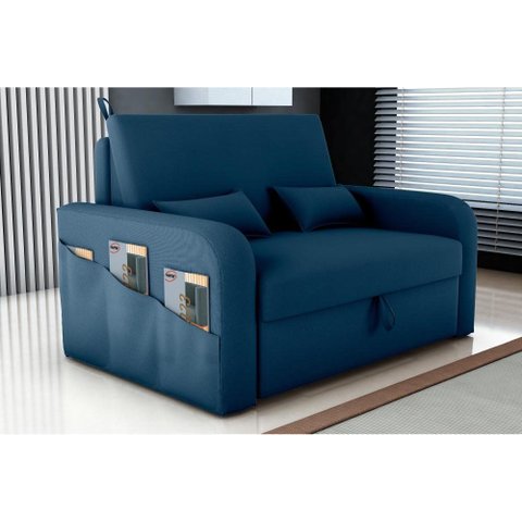 Sofá Cama Lady Day 2 Lugares Conforto Veludo Azul Matrix Sala com Baú