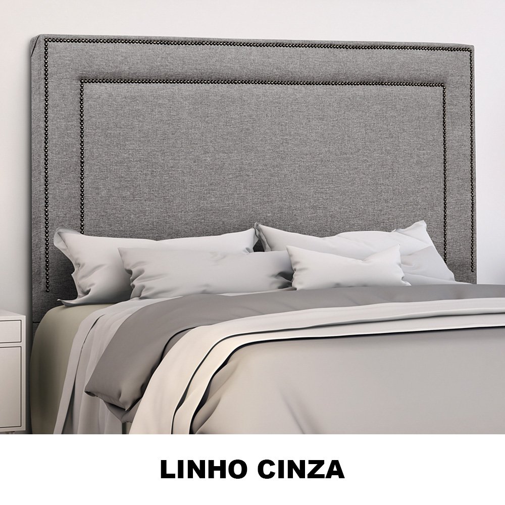 Cabeceira com Tachinhas Metal Fumê Estofada 140cm para Cama Casal Linho Cinza Madri - Lh Móveis - 3