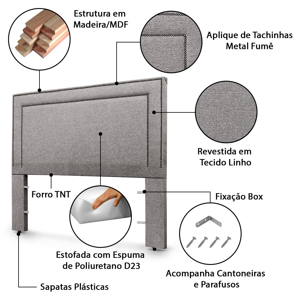 Cabeceira com Tachinhas Metal Fumê Estofada 140cm para Cama Casal Linho Cinza Madri - Lh Móveis - 5