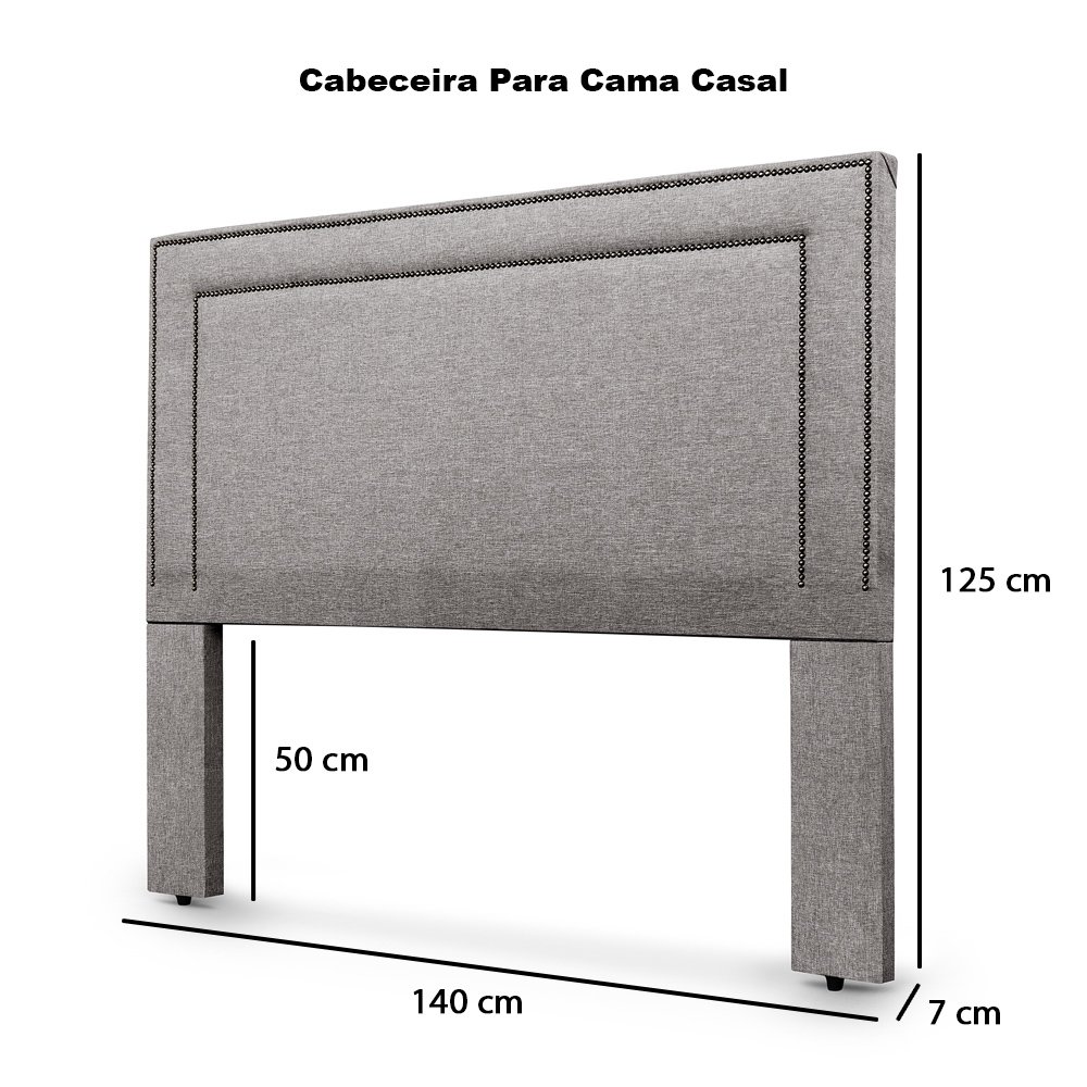 Cabeceira com Tachinhas Metal Fumê Estofada 140cm para Cama Casal Linho Cinza Madri - Lh Móveis - 5