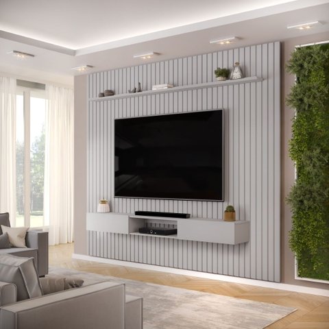 Conjunto com Painel Ripado e Bancada Suspensa 275cm Trento para Sala de Estar Bali DJ Móveis