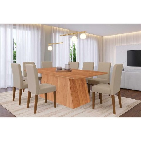 Sala de Jantar Completa Helena Tampo Madeirado 210x100cm e 8 Cadeiras Maia Cinamomo - Cinamomo/suede