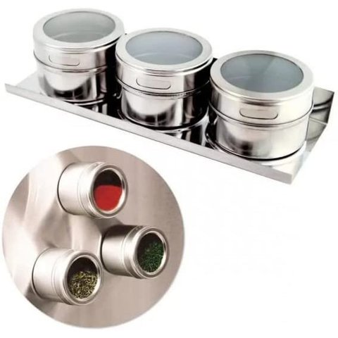 Porta Tempero Condimento Magnético em Inox 3 Potes