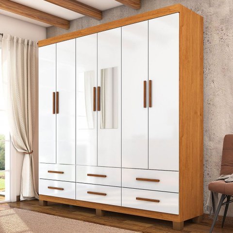 Guarda-roupa Solteiro Denver 6 Portas 6 Gavetas com Espelho 22121 Cinamomo/branco - Carioca Móveis