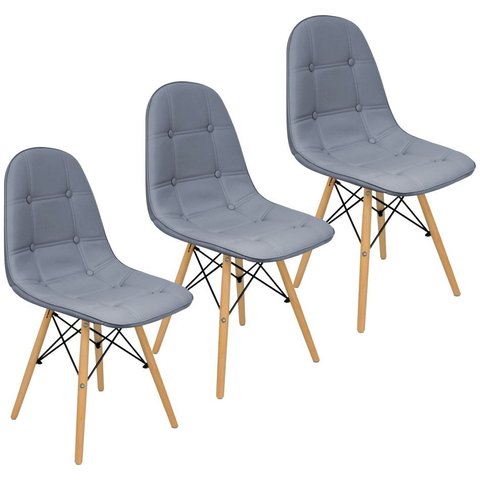 Kit 3 Cadeiras Estofadas Charles Eames Eiffel Botonê com Pés de Madeira Clara Cinza Médio