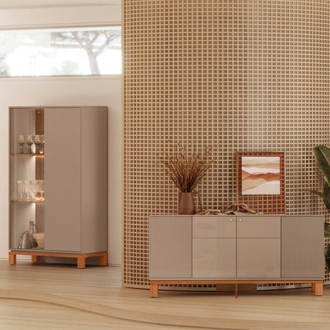 Buffet Aparador e Cristaleira com Led Lucca Areia/freijó C01 - Mpozenato