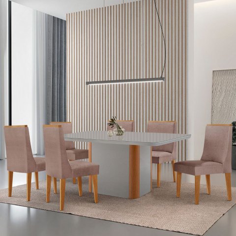Mesa de Jantar Isadora 180cm Tampo Mdf Vidro com 6 Cadeiras Lisboa