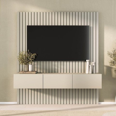 Rack com Painel Ripado para TV até 60 Polegadas 160CMX180CM Aruá CabeCasa MadeiraOriginals Off White