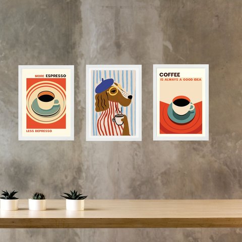 Kit 3 Quadros Decorativos para Cozinha Café Cão 24x18cm:moldura Branca