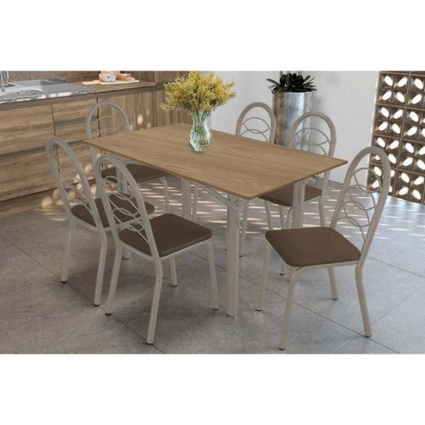 Conjunto: Mesa Sala Jantar Elba C/ Tampo de Madeira 160cm e 6 Cadeiras Holanda Niquel/nogueira -