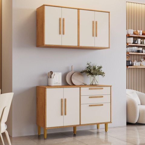 Cozinha Completa Lorena 7 Portas 2 Gavetas MDP 121,5cm Off White e Nature Kaiki