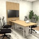 Ver imagem 1 de Conjunto Escritório Mesa 2,00m Pé Metal Painel P/ Tv Mb F5 Cor:macadâmia com Branco