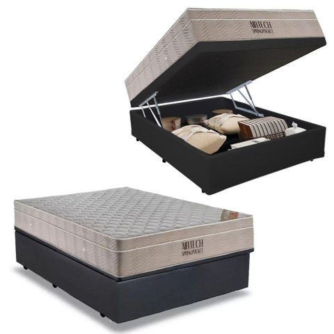 Cama Baú Casal Sintético + Colchão Casal Ortobom Airtech Molas Springpocket (65x138x188) Cinza
