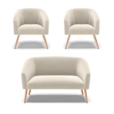 Kit 1 Sofá Namoradeira e 2 Poltronas Stella Bouclê Bege Pés Palito Natural - D'Rossi