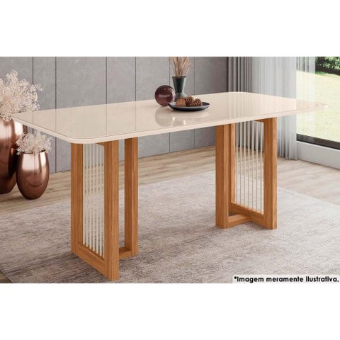 Mesa de Sala Jantar Yara Sc81 C/tampo Madeirado Vidro Curvo 180x90cm Nature/off White - Henn