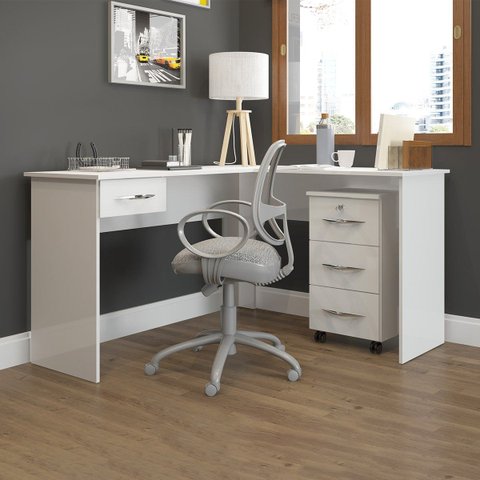 Kit Home Office Mesa Escrivaninha com Gaveteiro MDP Branco 0703 Menu