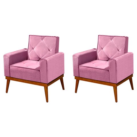Kit 2 Poltronas Decorativa Florença Pés em Madeira Maciça Estofado Veludo - Rosa