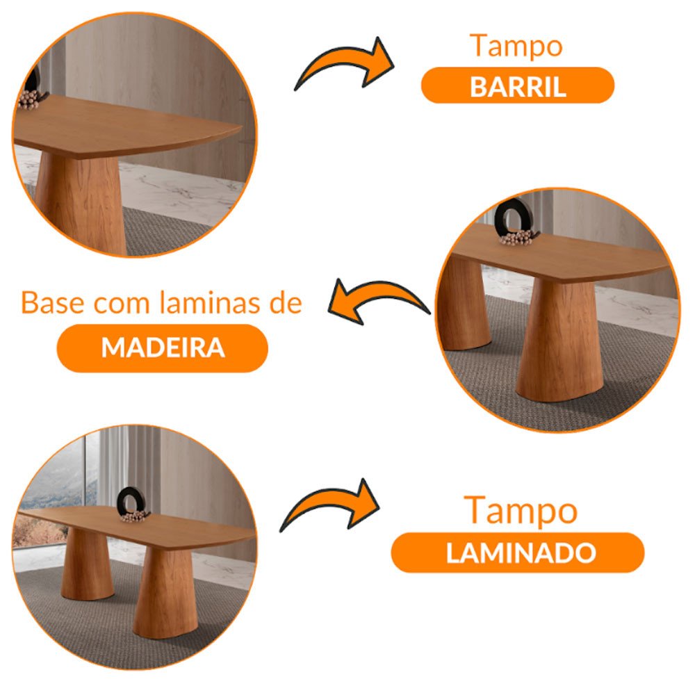 Mesa para Sala de Jantar Noronha 220cm Madeira Tampo Barril Laminado Moderna Mobília - 5