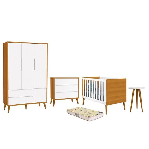 Dormitório Infantil Theo Retrô 3 Portas, Cômoda, Berço, Mesa de Apoio Branco/Savana com Pés