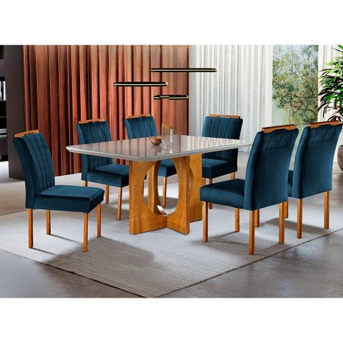 Conjunto Sala de Jantar 6 Lugares Mesa Barcelona e 6 Cadeiras Azul Turquesa Escuro