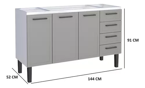 Gabinete Armario Cozinha Juno 1.50 Mt -3 Portas 4 Gavetas - 100% Aço -Cozimax:BRANCO/CINZA - 2