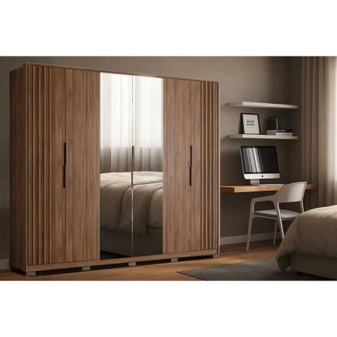 Guarda Roupa Casal 6 Portas (2 Ripadas e 2 C/ Espelho) e 6 Gavetas C/ Pés Atrice Nogueira Touch -