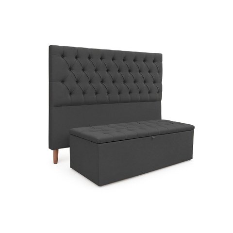 Kit Cabeceira com Baú Mirage Capitonê 195 cm Suede Cinza - Biselo'S Decor