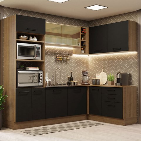 Cozinha Completa de Canto Madesa Agata 399001 com Armário e Balcão (Sem Tampo e Pia) Rustic/Preto Co