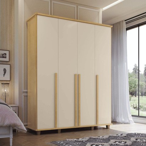 Guarda-Roupa Casal Holanda 4 Portas com 3 Gavetas Internas e Maleiro Cinamomo Off White