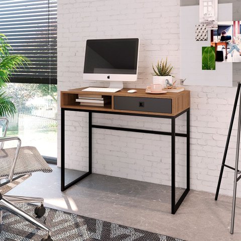 Mesa Escrivaninha 91cm com Gaveta e Nicho Of004 Industrial Grafite