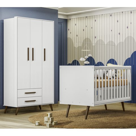 Quarto de Bebê Guarda Roupa e Berço Mini Cama Q Encanto Retrô Branco Qmovi