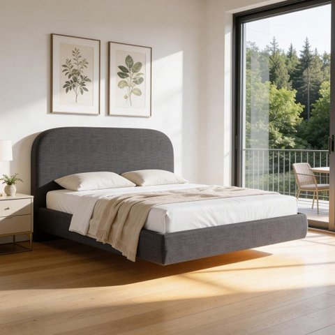 Cama Casal Flutuante com Cabeceira 140cm Aura W01 Linho Cinza Escuro - Lyam Decor