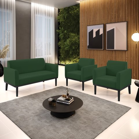 Conjunto 2 Poltronas e 1 Namoradeira Decorativa Isabella Pés Fixo em Madeira Preto Veludo Verde Esme