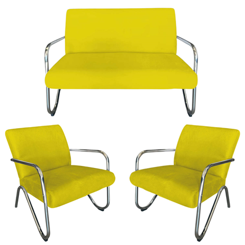Kit Namoradeira + 2 Poltronas Decorativa Bela Couro Amarelo Braço Cromado