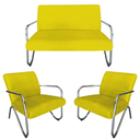 Ver imagem 1 de Kit Namoradeira + 2 Poltronas Decorativa Bela Couro Amarelo Braço Cromado