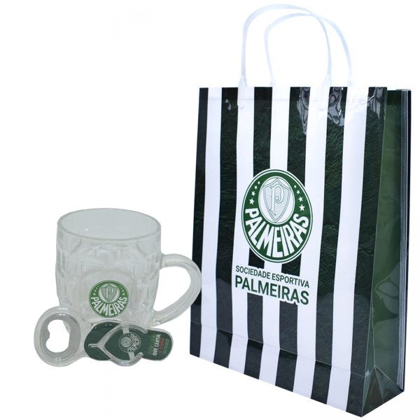 Kit Caneca Palmeiras Jogo Abridor Caneca 280ml Vidro Sacola