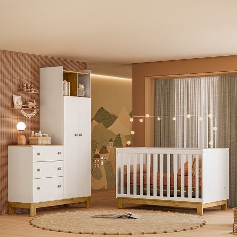 Quarto de Bebê com Berço Slim e Guarda Roupa com Cômoda Flora Branco Acetinado Qmovi