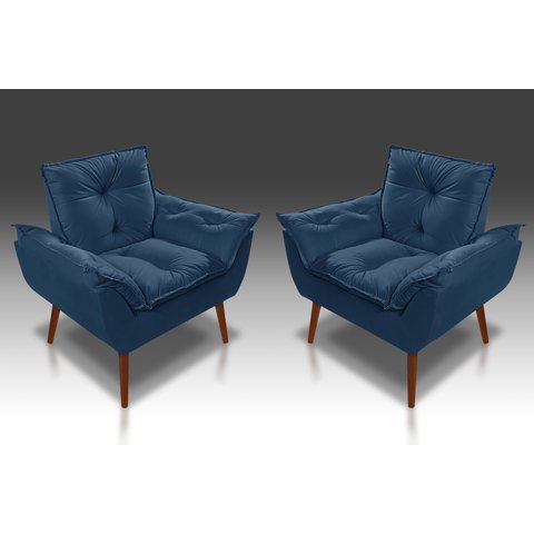 Kit 02 Poltrona Decorativa Opala Suede Azul Marinho - Pandora Decor