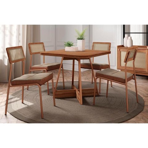 Conjunto: Mesa Sala Jantar Átria 1593 Aço C/ Tampo Madeirado 90x90cm e 4 Cadeiras Lux Rose/freij