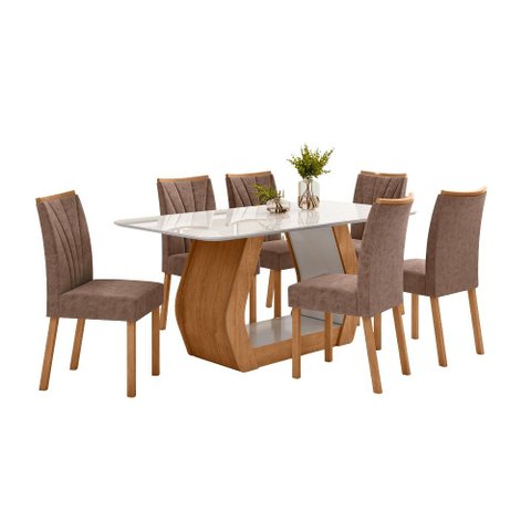 Conjunto Sala de Jantar Mesa Laini 160 Tampo Vidro Off White com 6 Cadeiras Téssera - Lopas Amendoa 