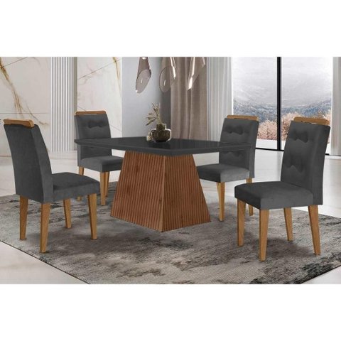 Conjunto: Mesa de Cozinha Luna C/ Tampo Madeirado C/ Vidro Canto Curvo 120x80cm e 4 Cadeiras