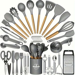 Kit 44 Utenslios de Cozinha Silicone e Madeira Antiaderente Cinza
