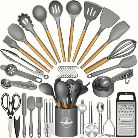 Kit 44 Utenslios de Cozinha Silicone e Madeira Antiaderente Cinza