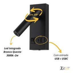 Kit 2 Arandela Led de Cabeceira 2w P/ Leitura com Usb e Usbc - Preto - 110v/220v - 5