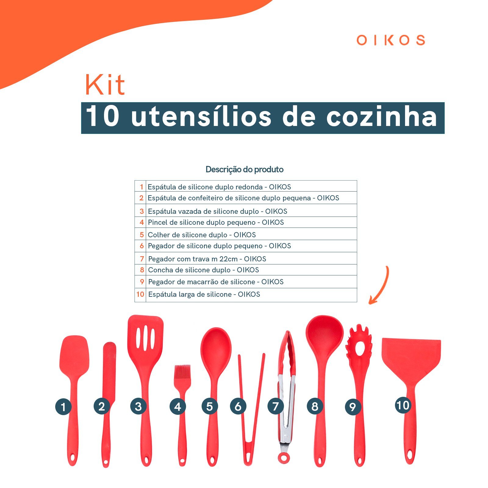 Kit 10 utensílios de cozinha de silicone completo multiuso - Oikos - 3