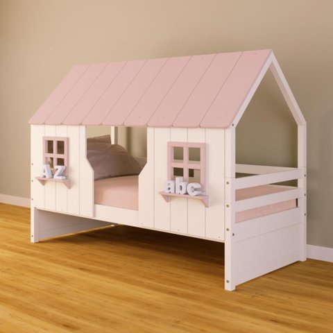 Cama Casinha Encantada Madeira Maciça Branco/ Rosa Housin