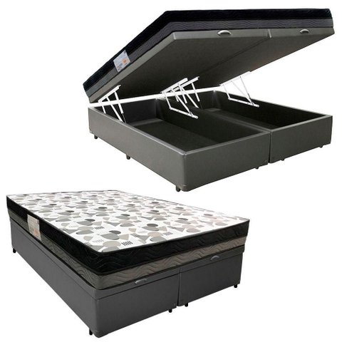 Cama Box Baú Casal Sintético Bipartido + Colchão Ortobom Iso Dupla Face 60x138x188 Cor:cinza