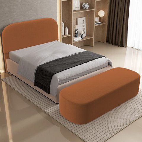 Cabeceira Cama Box Casal 195cm Lanna com Puff Recamier Doha W01 Bouclê Terracota - Lyam Decor