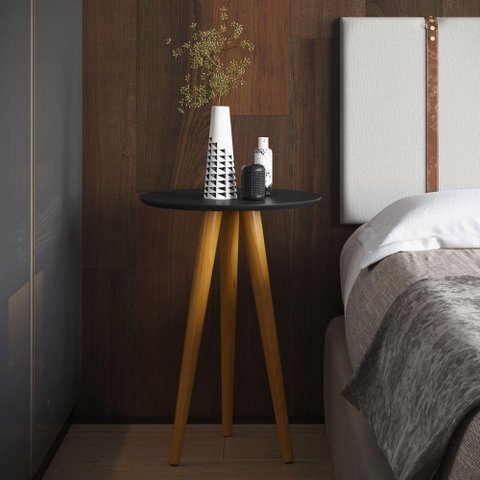 Mesa Lateral Aura Serena Redonda MDF 46cm Preto Oft Móveis